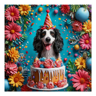 Poster Joyeux Chien Fête Anniversaire Avec Gâteau Coloré