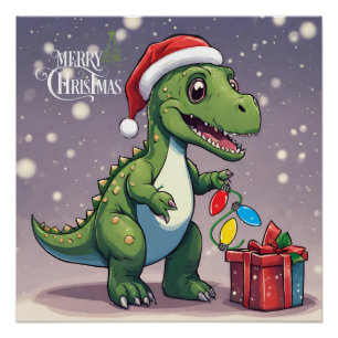 Poster Joyeux dinosaure de Noël avec présent
