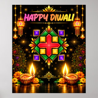Poster Joyeux Diwali Coloré Rangoli et Diya Traditionnel