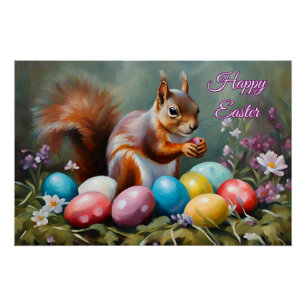 Poster Joyeux écureuil de Pâques avec oeufs de Pâques, Fl