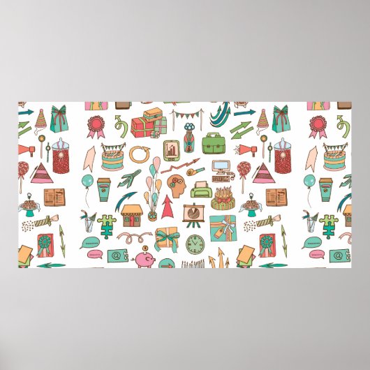 Poster Joyeux éléments de bureau d'anniversaire dans croq (Devant)