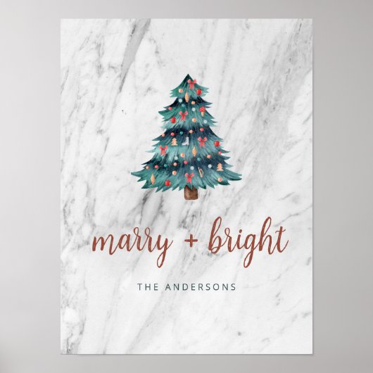 Poster Joyeux et brillant marbre Arbre de Noël et Script (Devant)