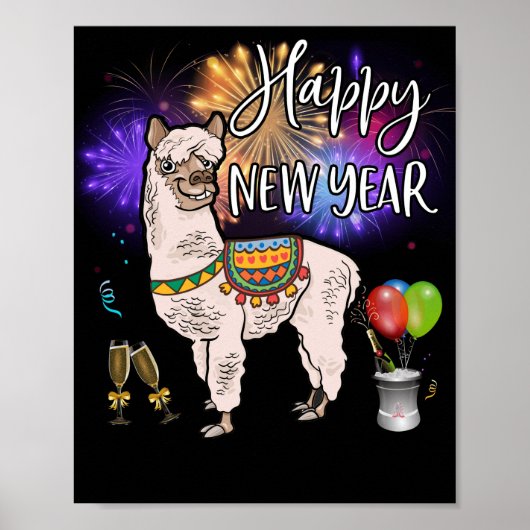 Poster Joyeux feu d'artifice Llama Alpaca du Nouvel An (Devant)