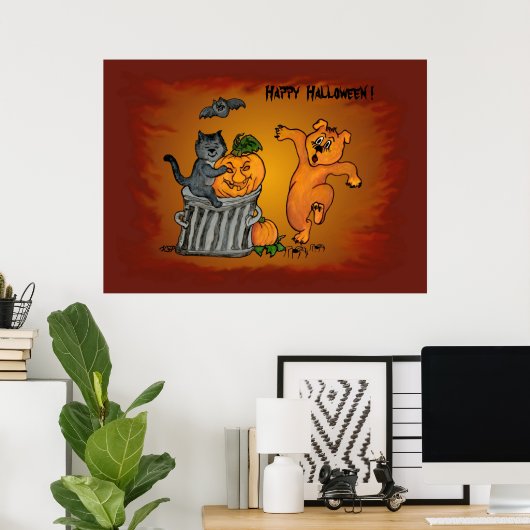 Poster Joyeux Halloween avec Chat Chat Chien et Araignée (Bureau à domicile)