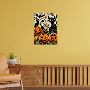 Poster Joyeux Halloween Citrouille Patch Chat Noir