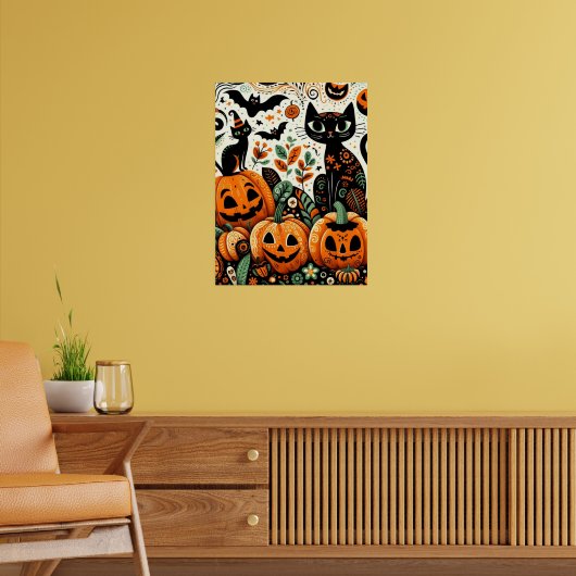 Poster Joyeux Halloween Citrouille Patch Chat Noir (Salon 2)