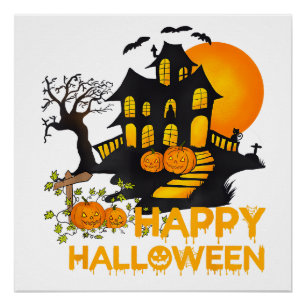 Poster Joyeux Halloween Citrouille Squelettique Maison Ha