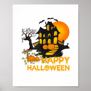 Poster Joyeux Halloween Citrouille Squelettique Maison Ha