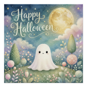 Poster Joyeux Halloween Gentil Fantôme Jardin Pastel
