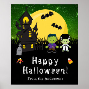 Poster Joyeux Halloween Monstres Panneau de la fête verte