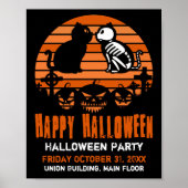 Poster Joyeux Halloween Skeleton Chat Retro Sunset (Devant)