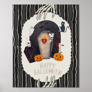 Poster Joyeux Halloween squelette et chat noir design vin