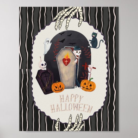 Poster Joyeux Halloween squelette et chat noir design vin (Devant)