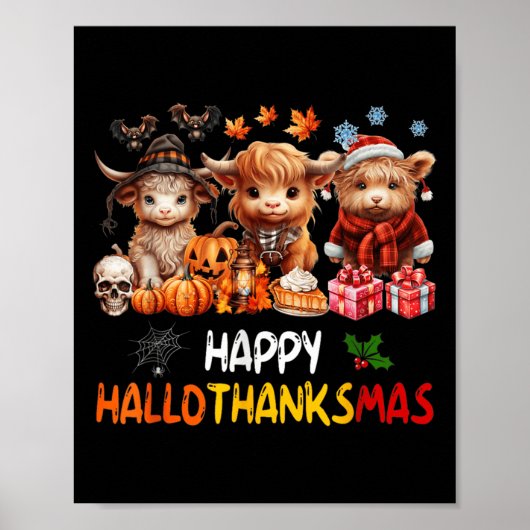 Poster Joyeux Halloween Thanksgiving Christmas Highland C (Devant)