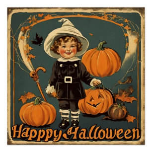 Poster Joyeux Halloween Vintage enfant et Citrouilles