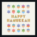 Poster Joyeux Hanoukka Dreidels and Stars<br><div class="desc">Un design Hanoukka amusant et festif avec des rêves et des étoiles colorés. Un design moderne,  non traditionnel,  et motif avec des dreidels stylisés et des formes géométriques Star of David.</div>