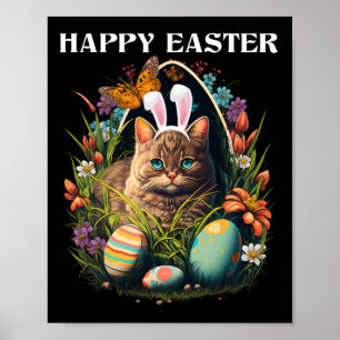 Poster Joyeux Jour de Pâques Lapin Chat Oeufs Panier Homm