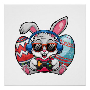 Poster Joyeux jour de Pâques Lapin mignon jouant au jeu v