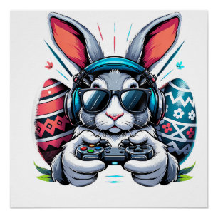 Poster Joyeux jour de Pâques lapin œuf jeu vidéo enfants 