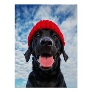 Poster Joyeux Labrador dans une Beanie rouge sous un ciel