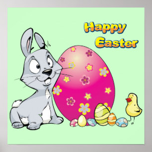 Poster Joyeux lapin de Pâques et bébé poussin