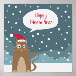 Poster Joyeux Meow Année vacances chaton animal dans la n
