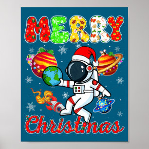 Poster Joyeux Noël Astronaute Chapeau de Père Noël Flocon