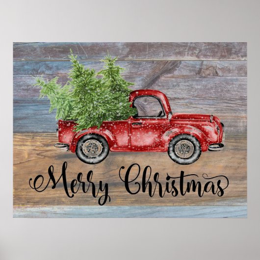 Poster Joyeux Noël Bois Rustique Et Camion Rouge Mignonne (Devant)
