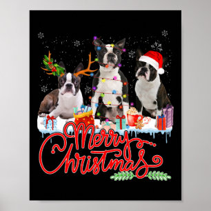 Poster Joyeux Noël Boston Terrier Père Noël Reindeer Ligh
