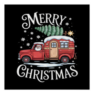 Poster Joyeux Noël Camping Mignon Père Noël Camion Essent