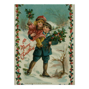 Poster Joyeux Noël - carte postale rétro, enfants, houx