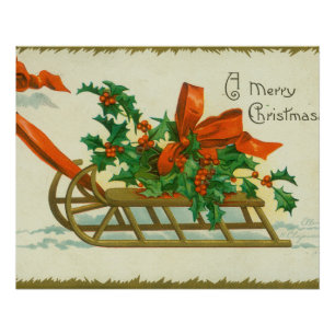 Poster Joyeux Noël - carte postale vintage, traîneau et h