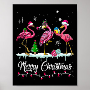 Poster Joyeux Noël Casquette Père Noël Flamant rose Neige