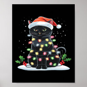 Poster Joyeux Noël Chat Drôle Chapeau de Père Noël Sapin