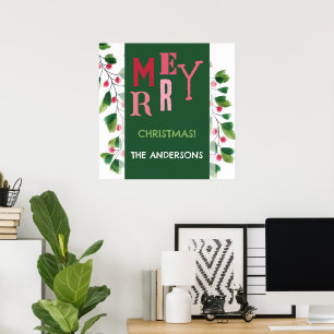 Poster Joyeux Noël Couronne Aquarelle Rouge Et Verte