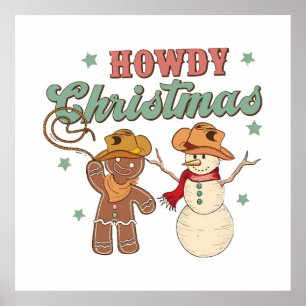 Poster Joyeux Noël Cowboy Groovy Bonhomme de Neige Wester