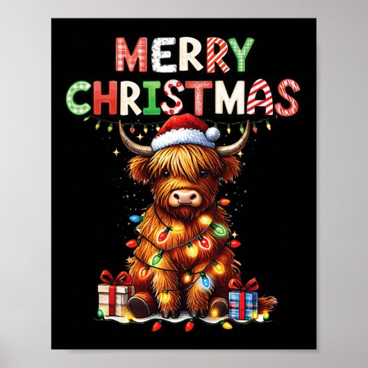 Poster Joyeux Noël Écossais Highland Vache ferme de Noël (Devant)