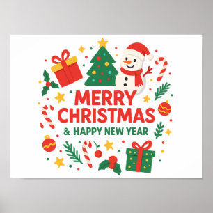 Poster Joyeux Noël et Bonne Année Bonhomme de neige et ar