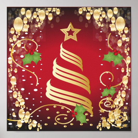 Poster Joyeux Noël Festif Rouge et Or brillant (Devant)