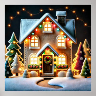 Poster Joyeux Noël - Image de la maison à l'heure de Noël