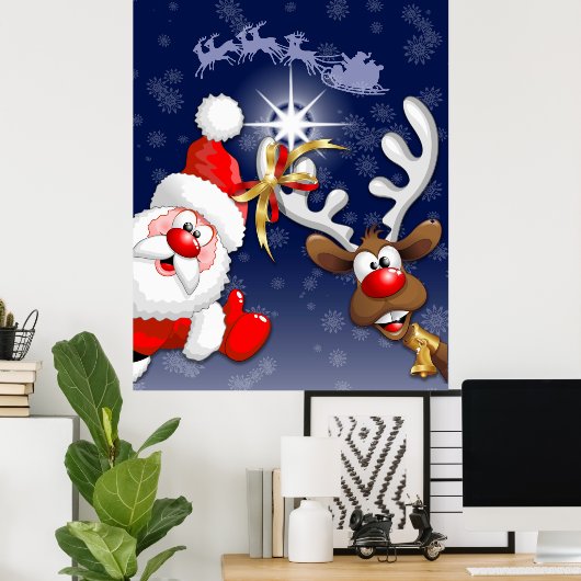 Poster Joyeux Noël Joyeux Père Noël et rennes (Bureau à domicile)