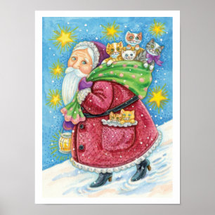 Poster Joyeux Noël, le Père Noël avec des chatons et des