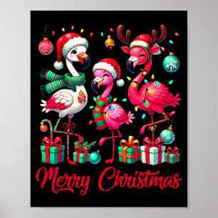 Poster Joyeux Noël Lumières Flamant Chapeau de Père Noël