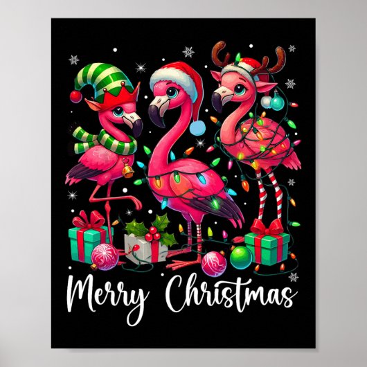 Poster Joyeux Noël Lumières Flamant rose Santa Hat Snow X (Devant)