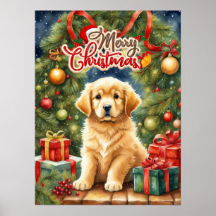 Poster Joyeux Noël mignonne chiot et sapin de Noël