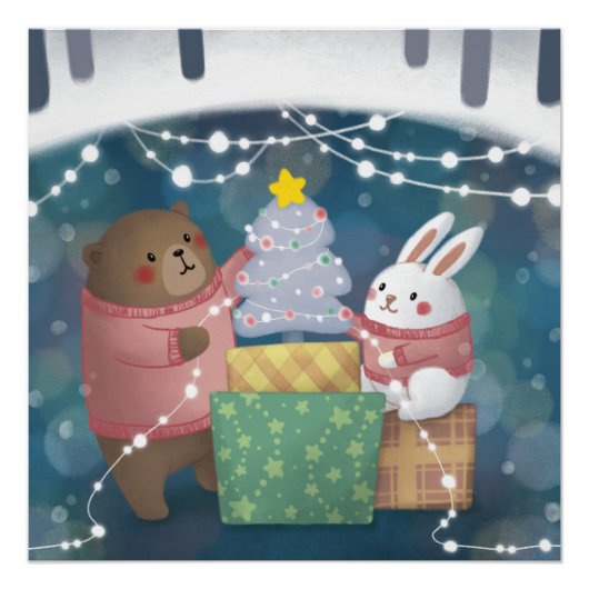 Poster Joyeux Noël : ours et lapin (Devant)