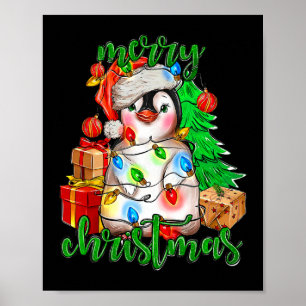 Poster Joyeux Noël Penguin Arbre Lumières Santa Hat Funn