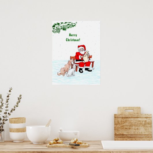 Poster Joyeux Noël! Père Noël avec chat et chien (Cuisine)