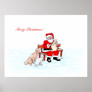 Poster Joyeux Noël - Père Noël avec Chat et Chien