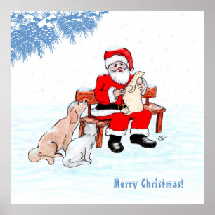 Poster Joyeux Noël - Père Noël avec chat et chien